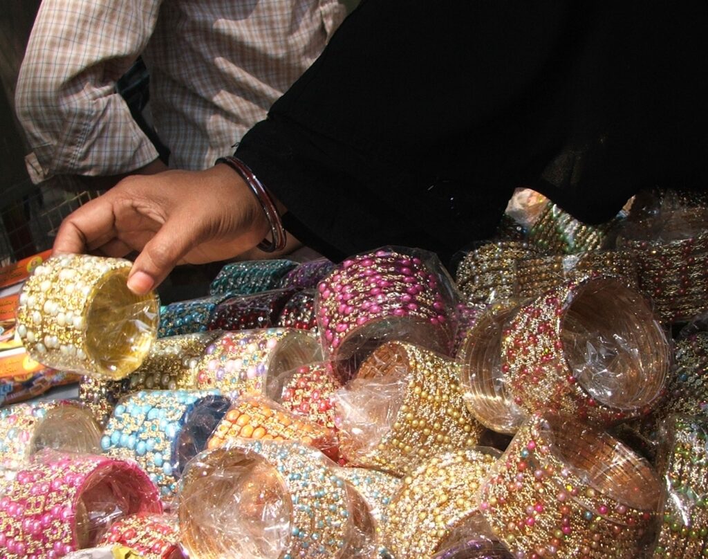 Stacks of colorful handmade chooriyan bangles