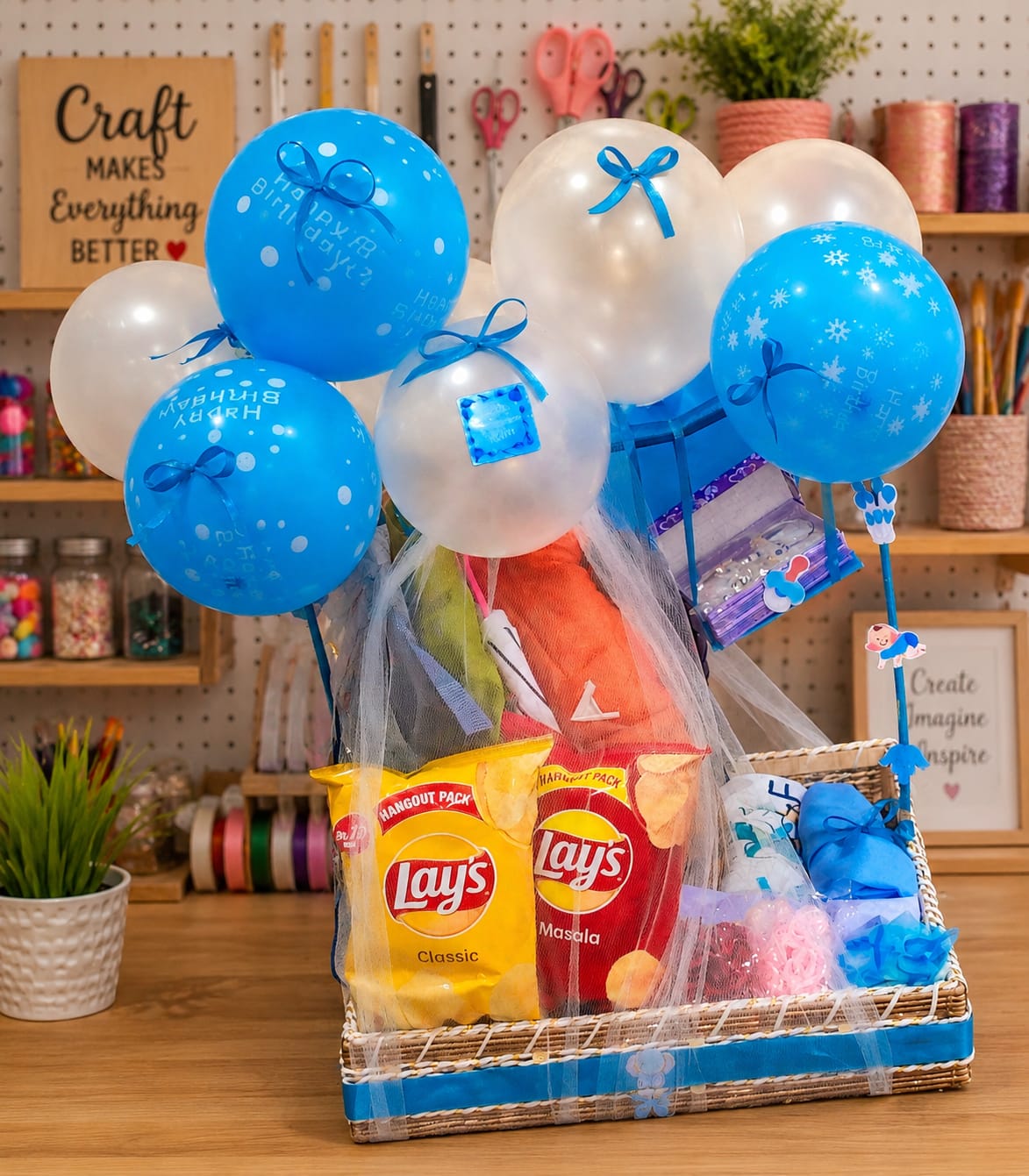 Handmade birthday balloon gift basket