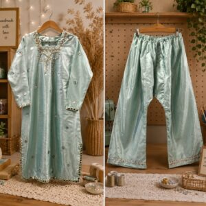 Custom mint green hand-embroidered kurta and trouser set with mirror work by Binte Tariq