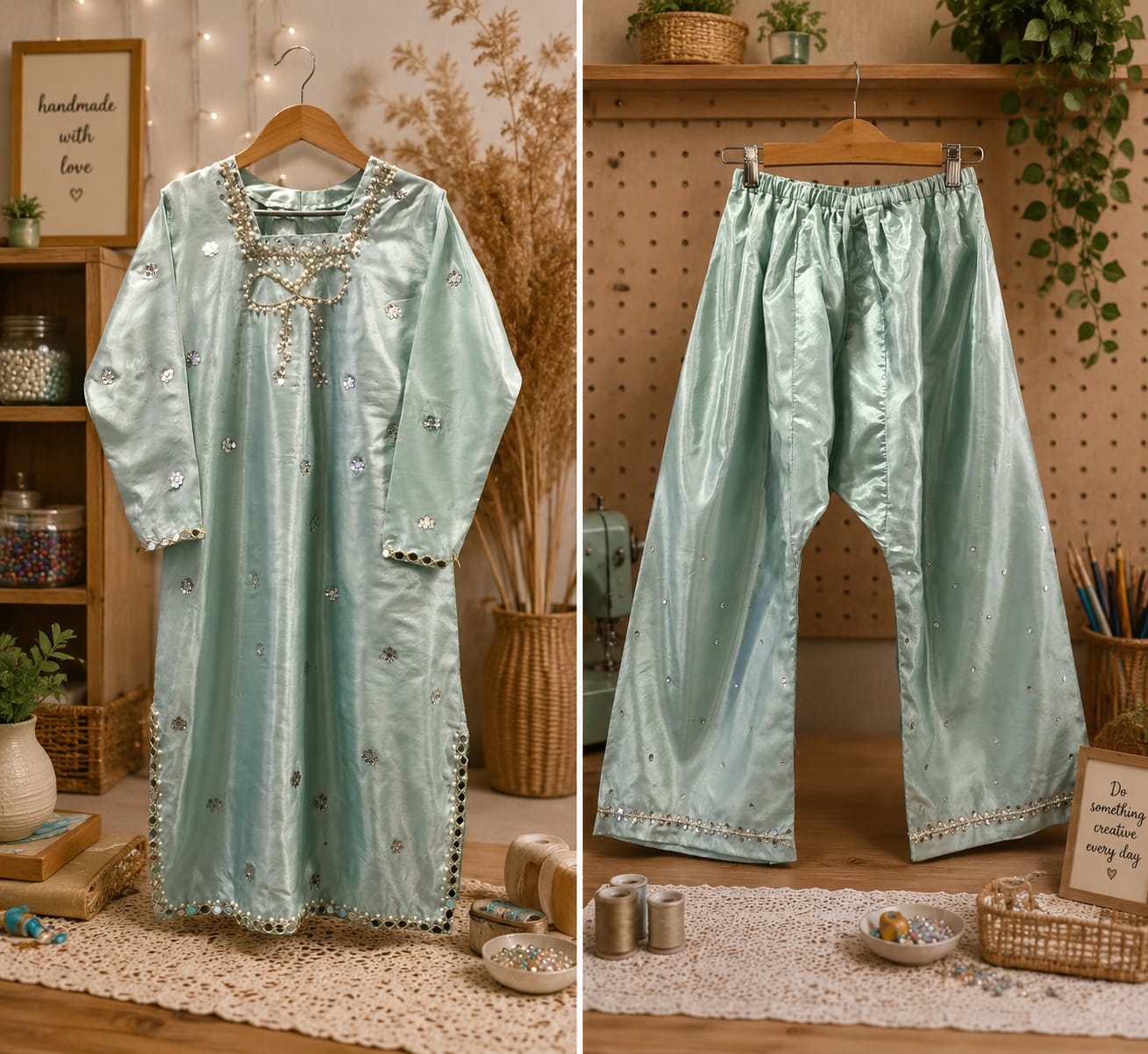 Custom hand-embroidered mint green dress by Binte Tariq