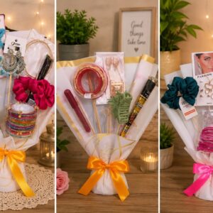 Collection of handmade makeup and jewellery bouquets by Binte Tariq