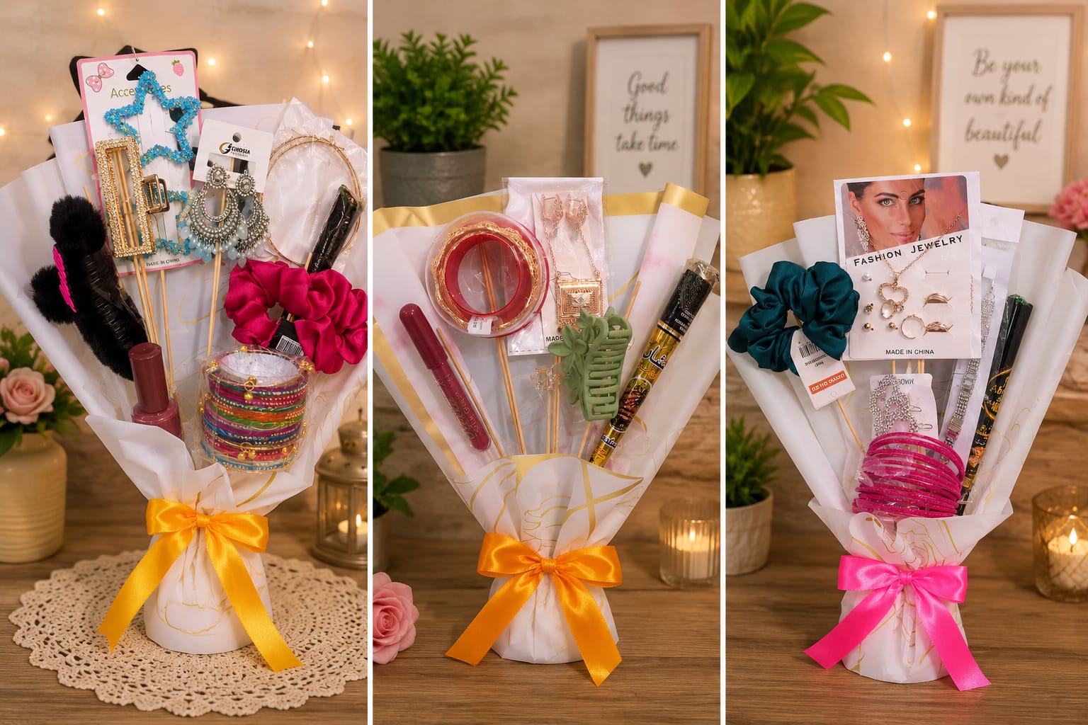 Collection of handmade makeup and jewellery bouquets