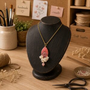 Handmade pink resin pendant necklace with pearl cluster by Binte Tariq