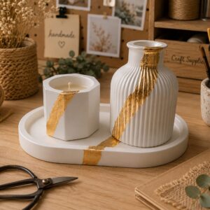 Handmade white and gold decorative candle and vase set by Binte Tariq
