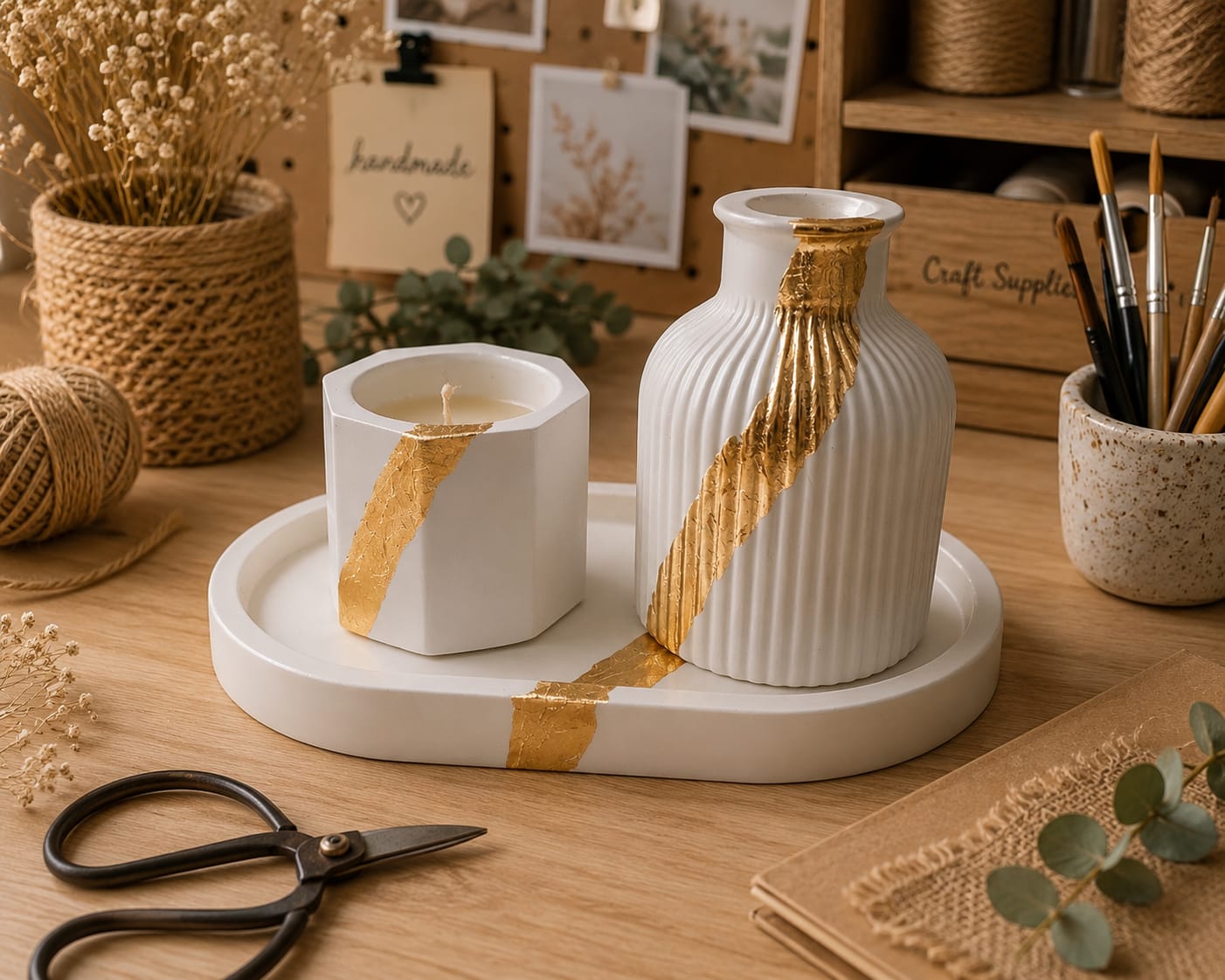 Handmade white and gold decorative candle and vase set