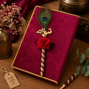 Handmade maroon velvet Quran nikah gift set with decorated rose pen by Binte Tariq