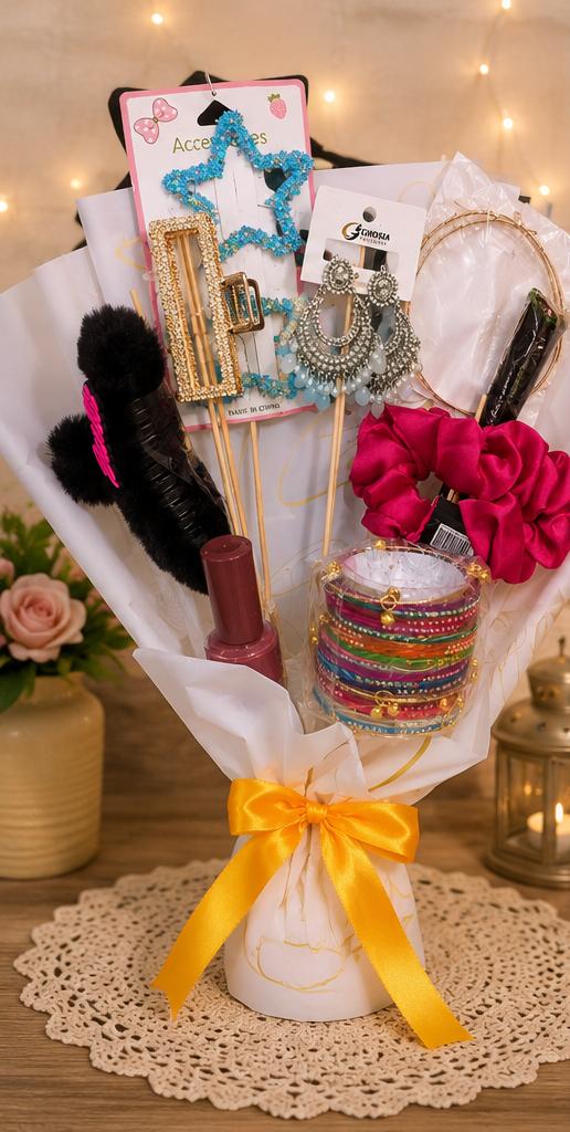 Handmade makeup and cosmetic gift bouquet with yellow ribbon