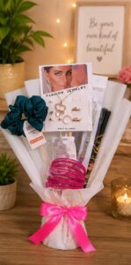 Handmade fashion jewellery gift bouquet with pink ribbon by Binte Tariq