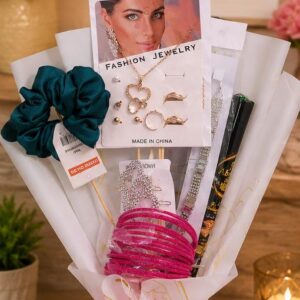 Handmade fashion jewellery gift bouquet with pink ribbon by Binte Tariq